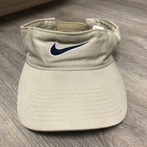 Nike Visor Khaki Tan Adjustable Embroidered Navy White Swoosh Cotton Sun Hat